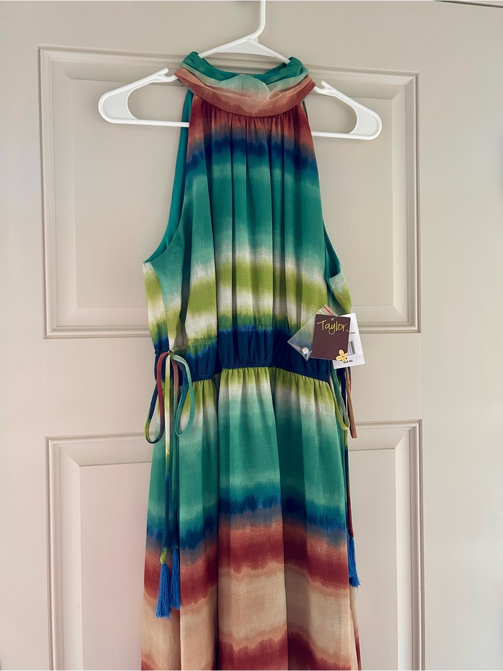 Taylor Teal, Green and Rust Ombre Halter Maxi Dress